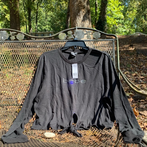 Bebe Logo Light Thermal Tie Waist Top Black Size L - Picture 2 of 8